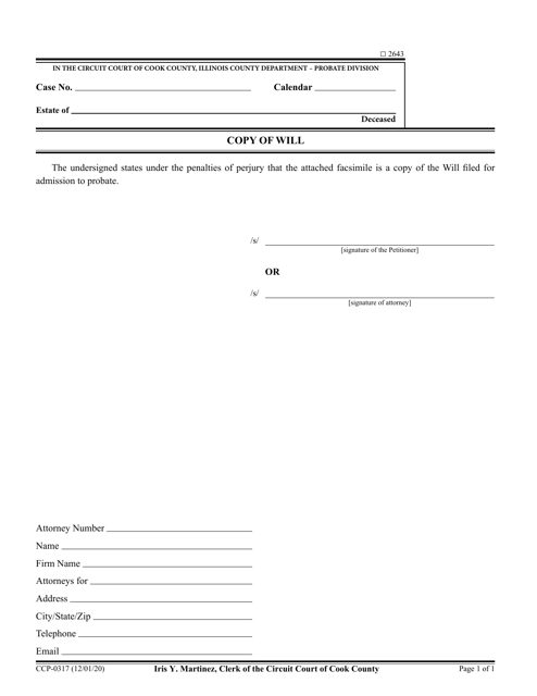 Form CCP-0317 Copy of Will - Cook County, Illinois