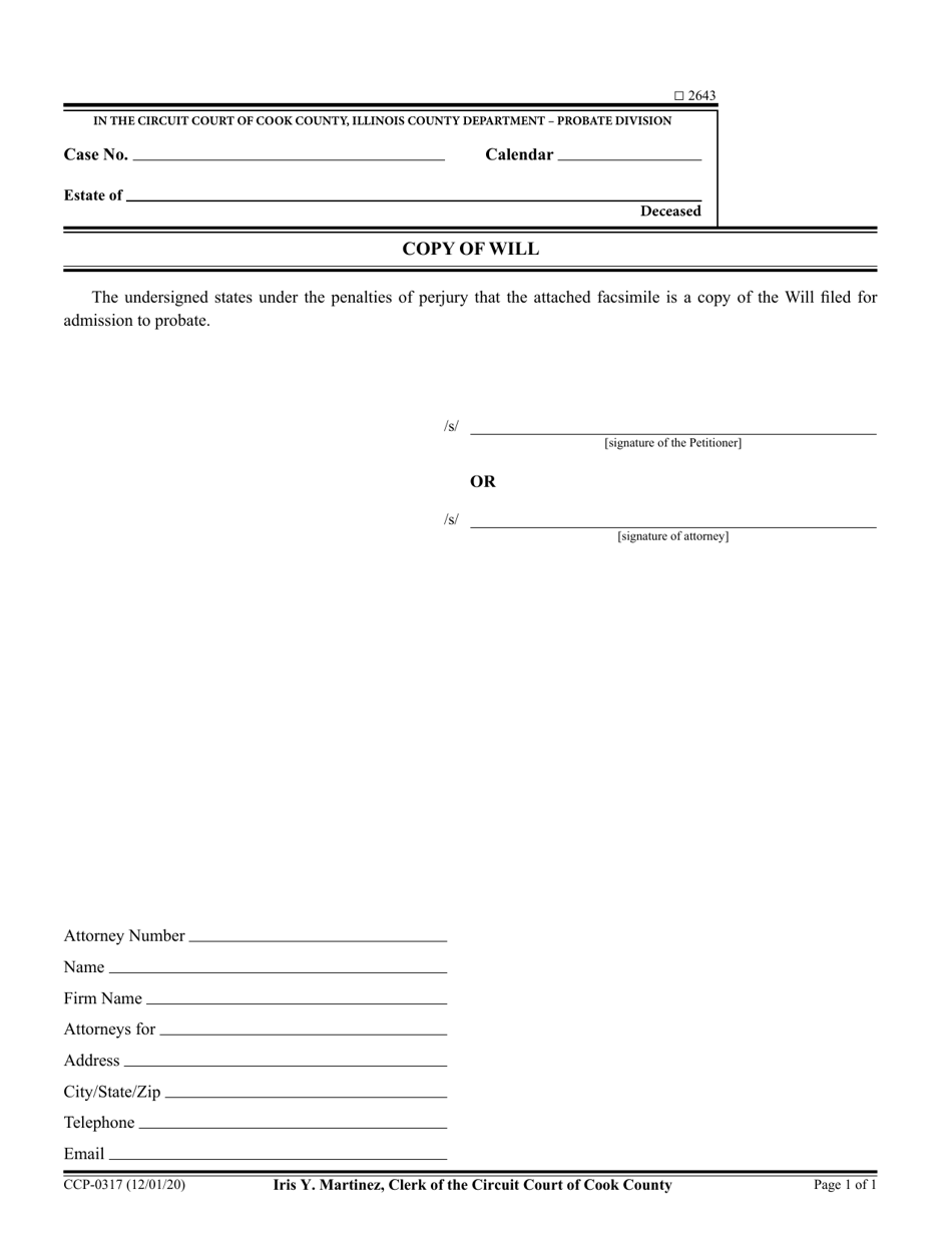 Form CCP-0317 Copy of Will - Cook County, Illinois, Page 1