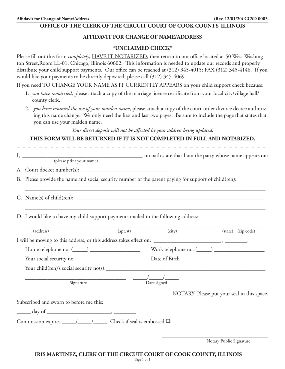 Form CCSD0003 Affidavit for Change of Name / Address - Unclaimed Check - Cook County, Illinois, Page 1