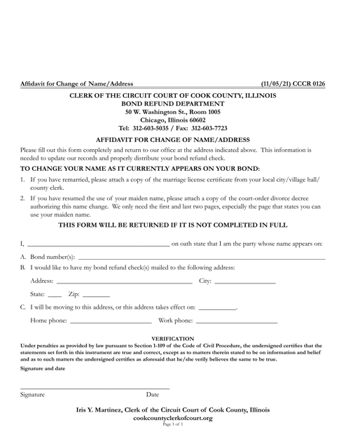 Form CCCR0126 Affidavit for Change of Name/Address - Cook County, Illinois
