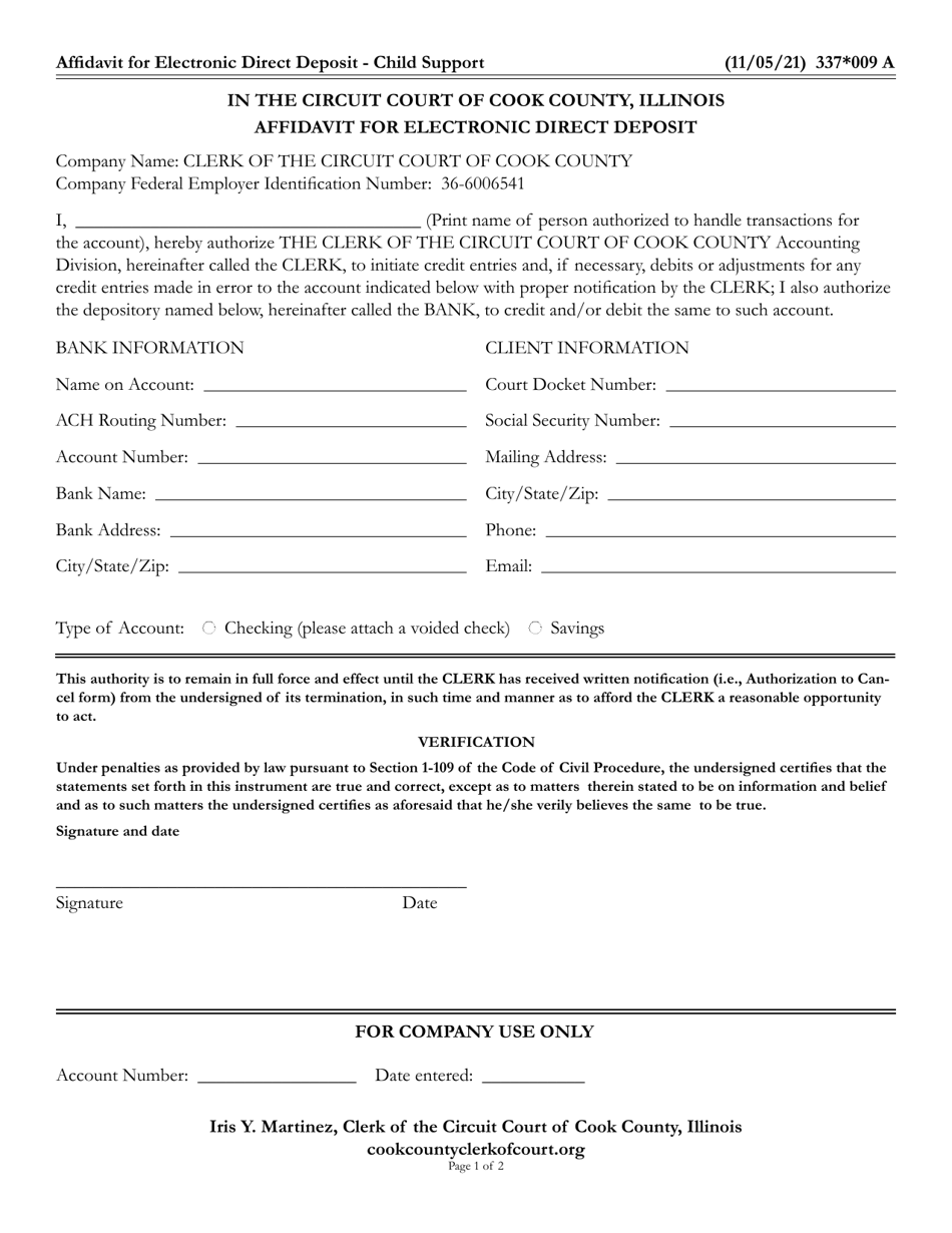 Form 337-009 Affidavit for Electronic Direct Deposit - Cook County, Illinois, Page 1