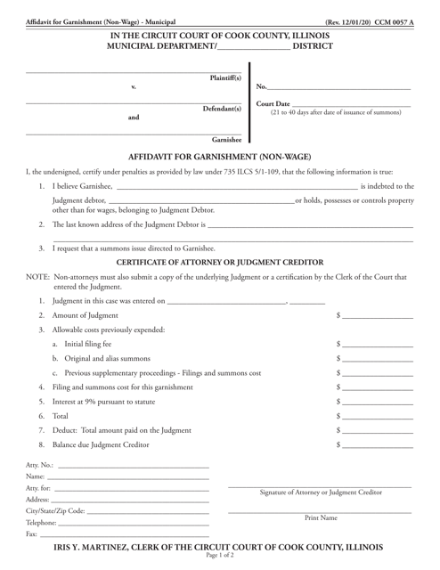 Form CCM0057 Affidavit for Garnishment (Non-wage) - Municipal - Cook County, Illinois