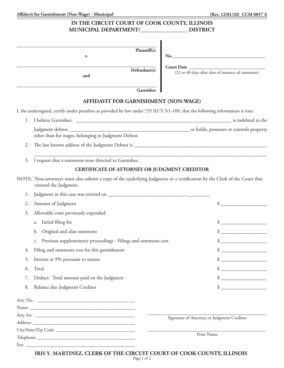 Form CCM0057 Affidavit for Garnishment (Non-wage) - Municipal - Cook County, Illinois, Page 1
