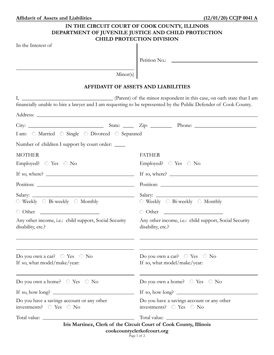 Form CCJP0041 Affidavit of Assets and Liabilities - Cook County, Illinois, Page 1