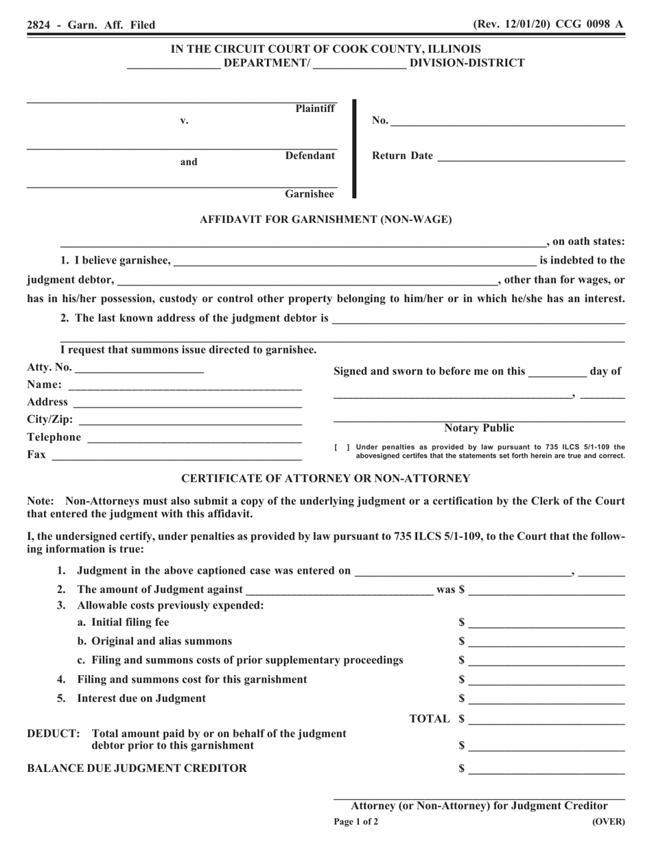 Form CCG0098 Affidavit for Garnishment (Non-wage) - Cook County, Illinois, Page 1