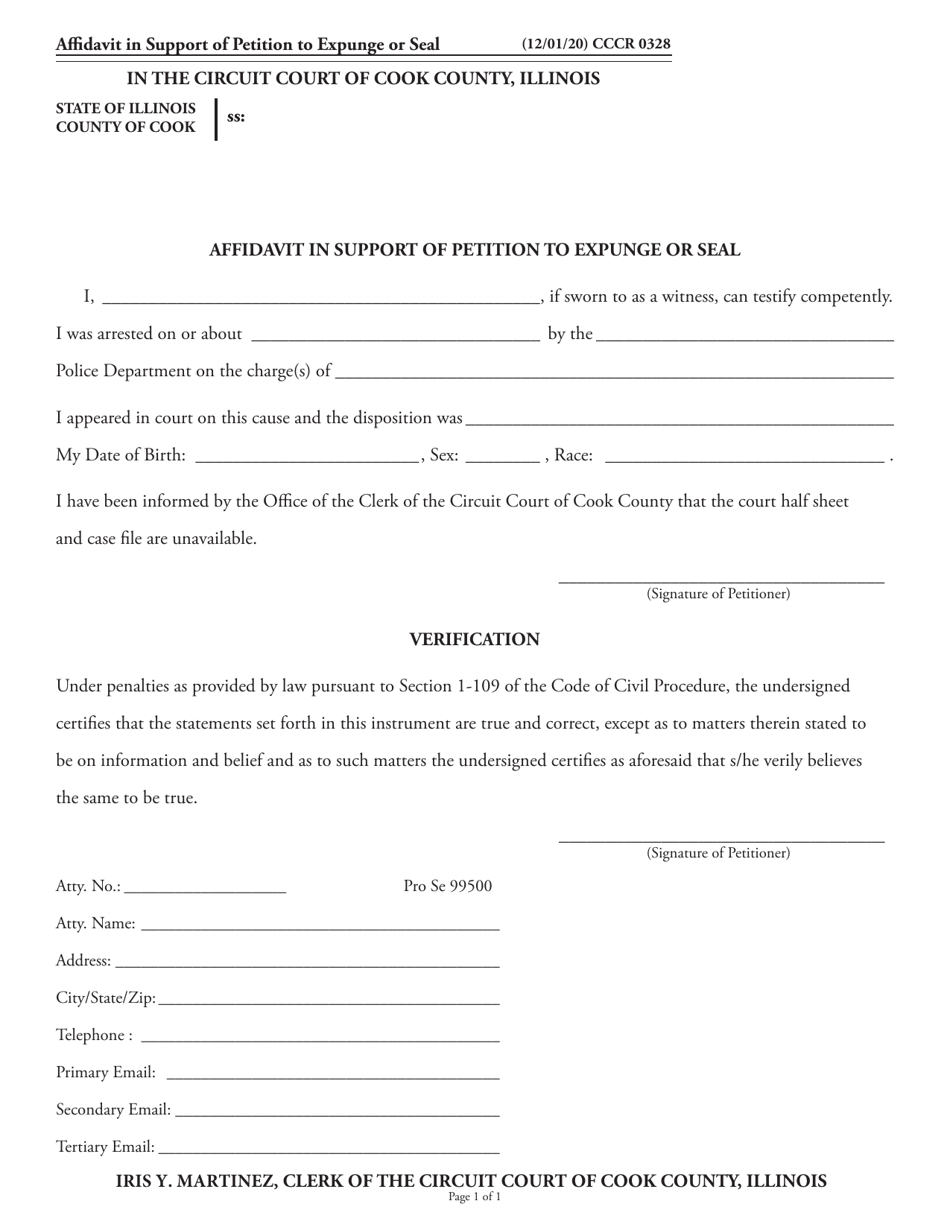 Form CCCR0328 Affidavit in Support of Petition to Expunge or Seal - Cook County, Illinois, Page 1