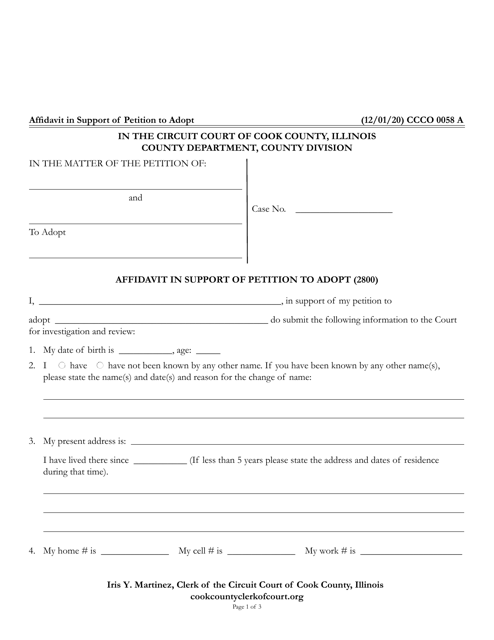 Form CCCO0058 Affidavit in Support of Petition to Adopt - Cook County, Illinois