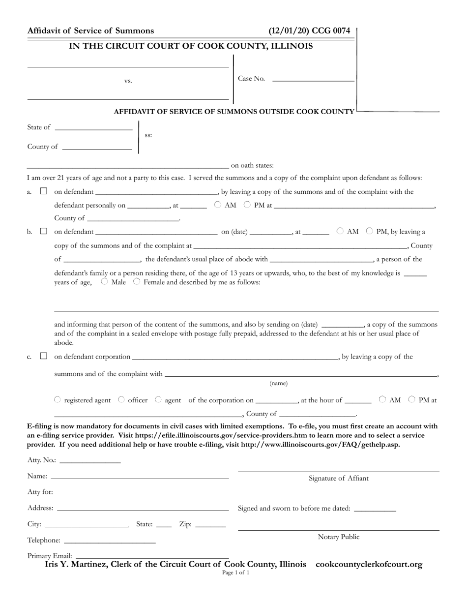 Form CCG0074 Affidavit of Service of Summons Outside Cook County - Cook County, Illinois, Page 1