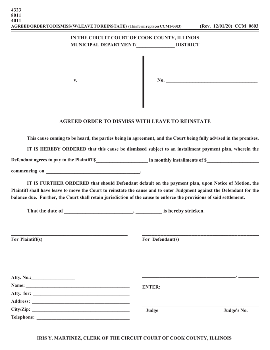 Form CCM0603 Agreed Order to Dismiss With Leave to Reinstate - Cook County, Illinois, Page 1