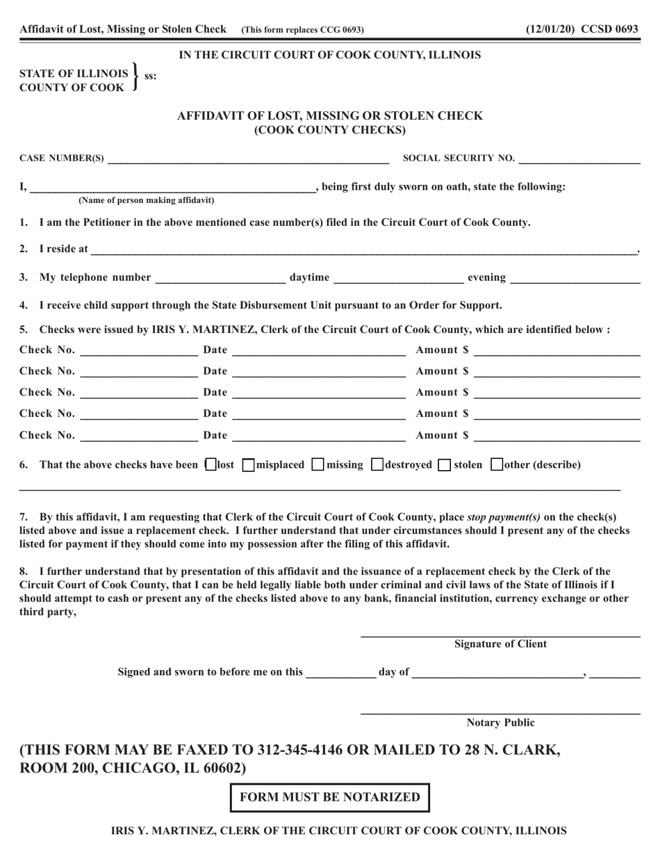 Form CCSD0693 Affidavit of Lost, Missing or Stolen Check - Cook County, Illinois, Page 1