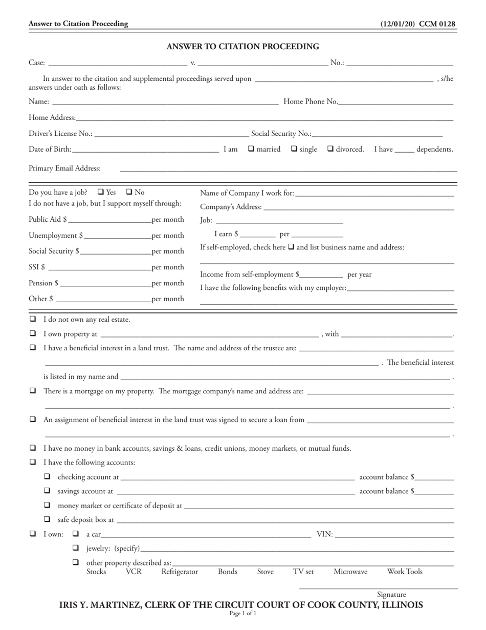 Form CCM0128 Answer to Citation Proceeding - Cook County, Illinois, Page 1