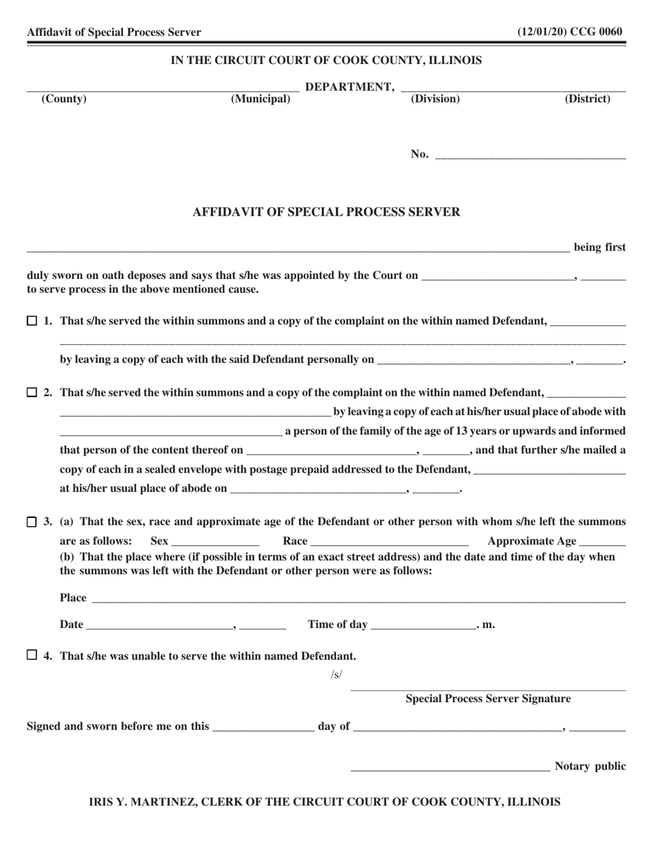 Form CCG0060 Affidavit of Special Process Server - Cook County, Illinois, Page 1