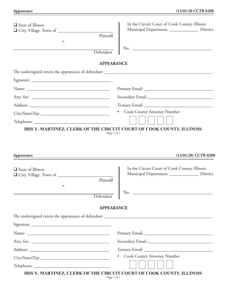 Form CCTR0208 Appearance - Cook County, Illinois, Page 1