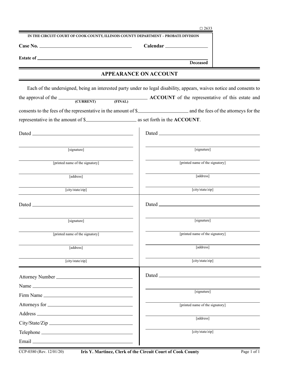 Form CCP0380 Appearance on Account - Cook County, Illinois, Page 1