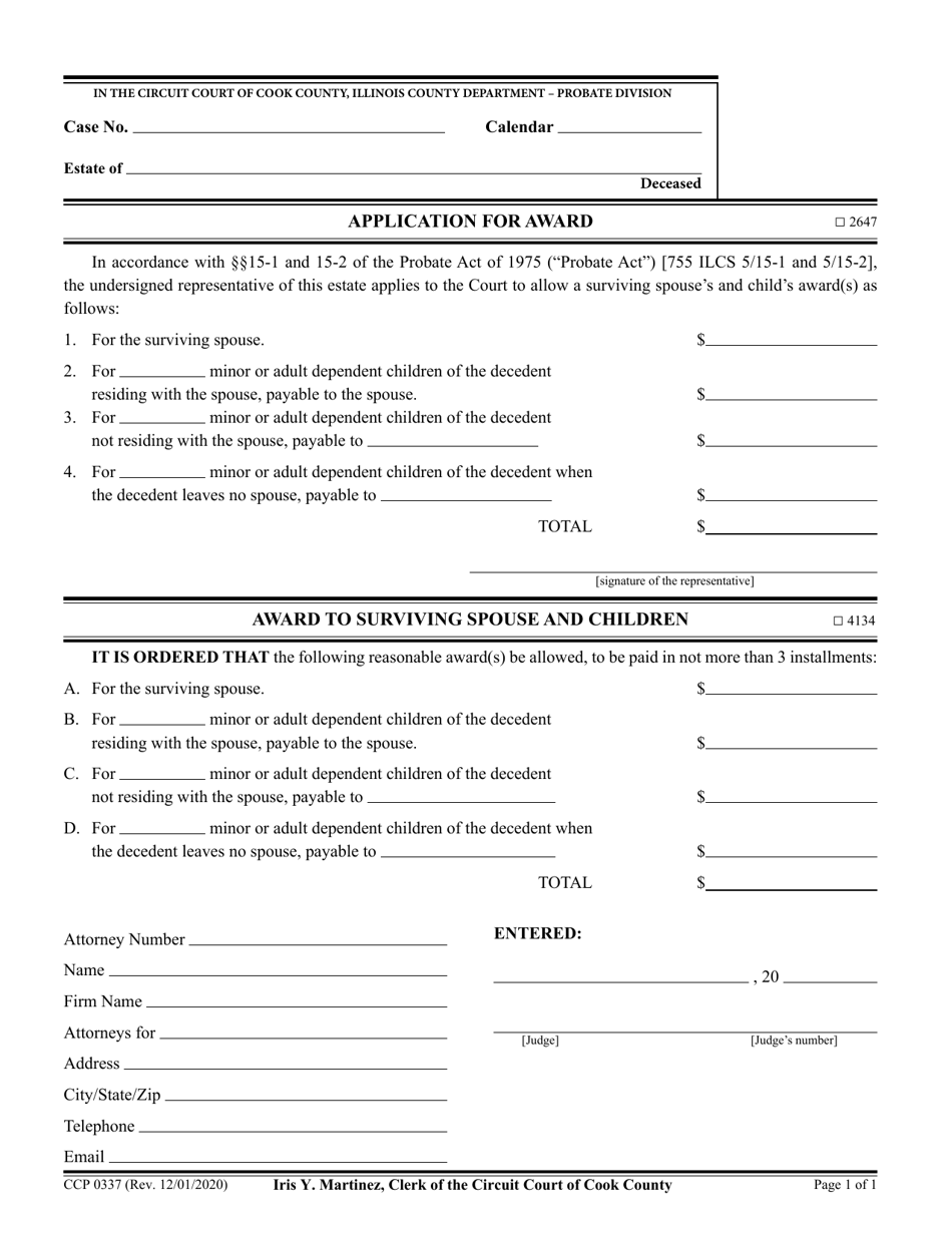 Form CCP0337 Application for Award to Surviving Spouse and Children - Cook County, Illinois, Page 1