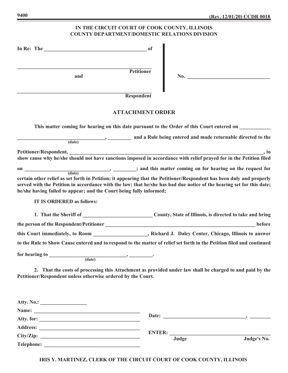 Form CCDR0018 Attachment Order - Cook County, Illinois, Page 1