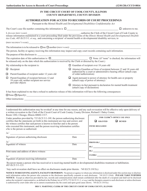Form CCCO0816 Authorization for Access to Records of Court Proceedings - Cook County, Illinois