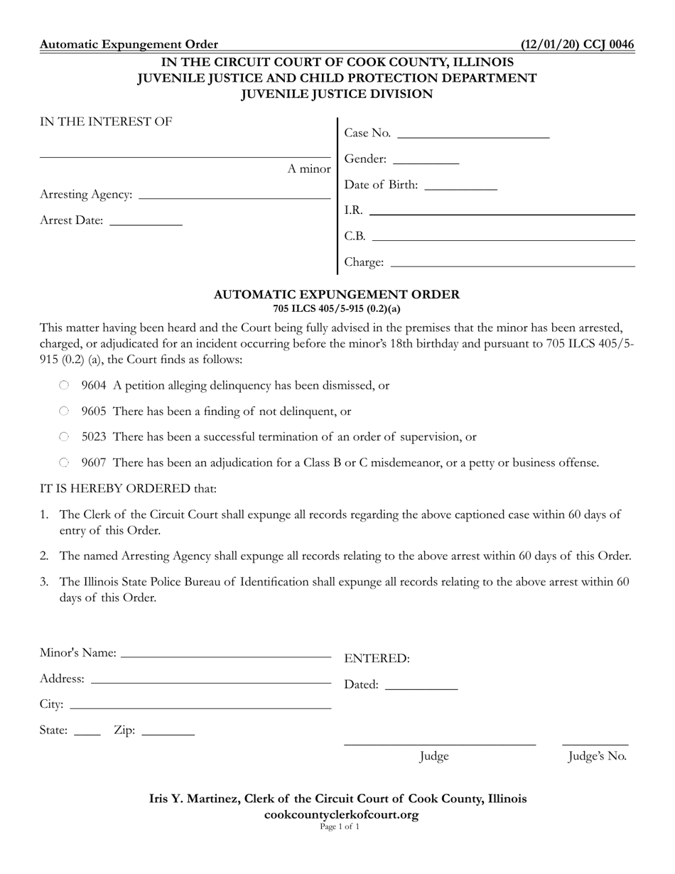 Form CCJ0046 Automatic Expungement Order - Cook County, Illinois, Page 1