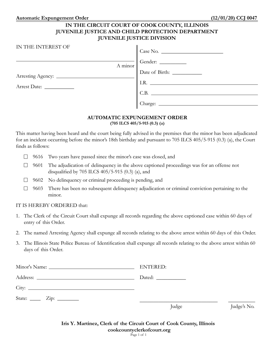 Form CCJ0047 Automatic Expungement Order - Cook County, Illinois, Page 1