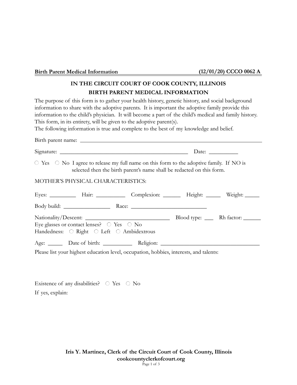 Form CCCO0062 Birth Parent Medical Information - Cook County, Illinois, Page 1