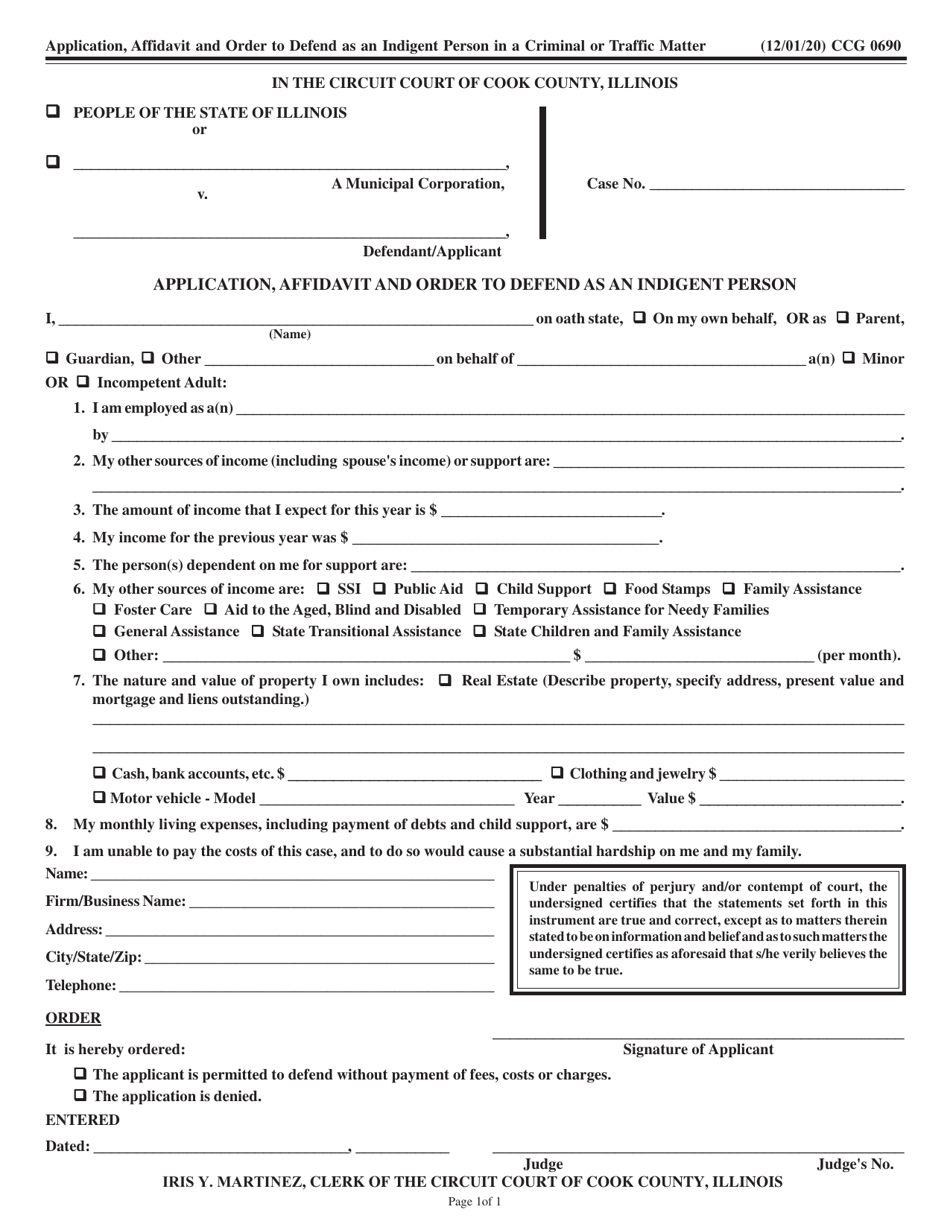 Form CCG0690 Application, Affidavit and Order to Defend as an Indigent Person in a Criminal or Traffic Matter - Cook County, Illinois, Page 1