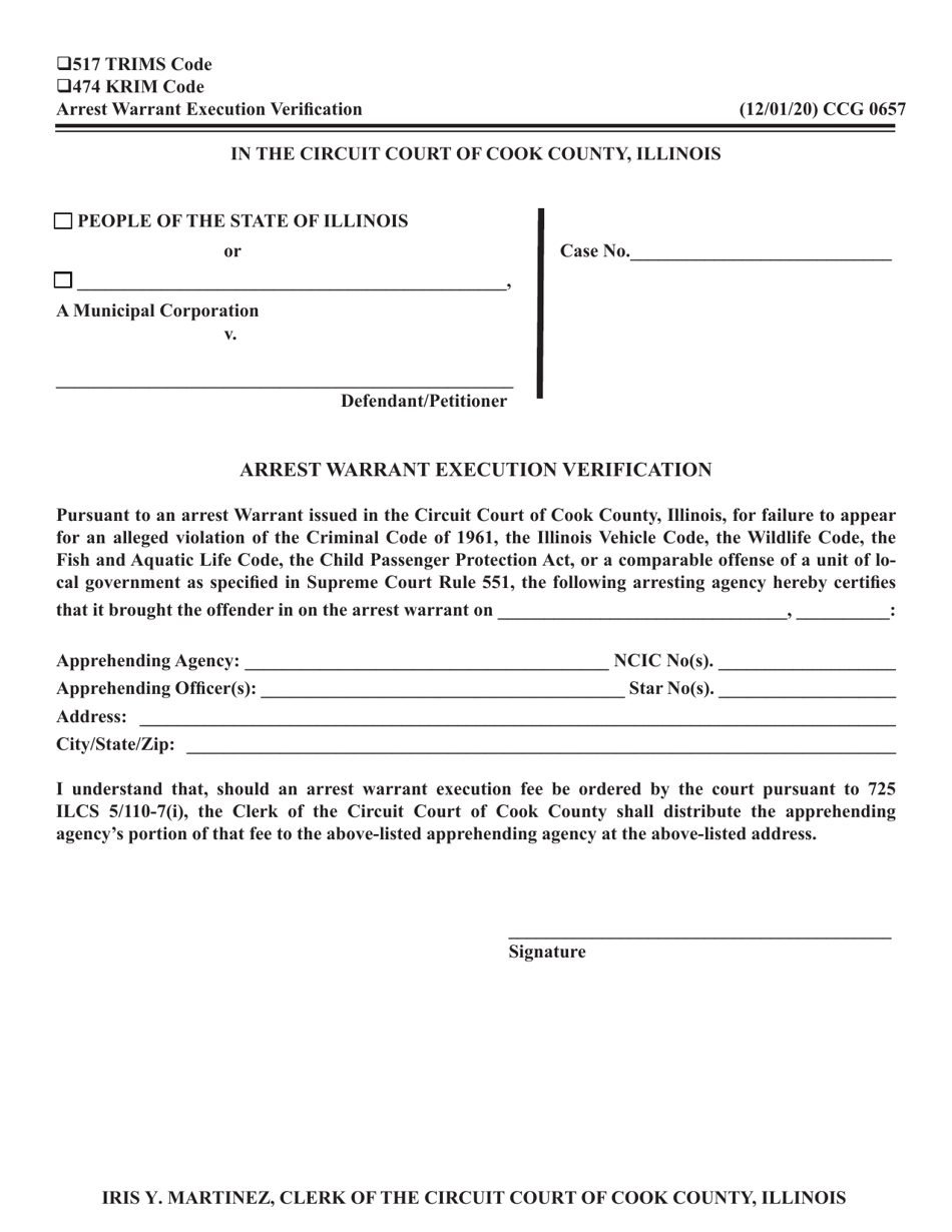 Form CCG0657 Arrest Warrant Execution Verification - Cook County, Illinois, Page 1