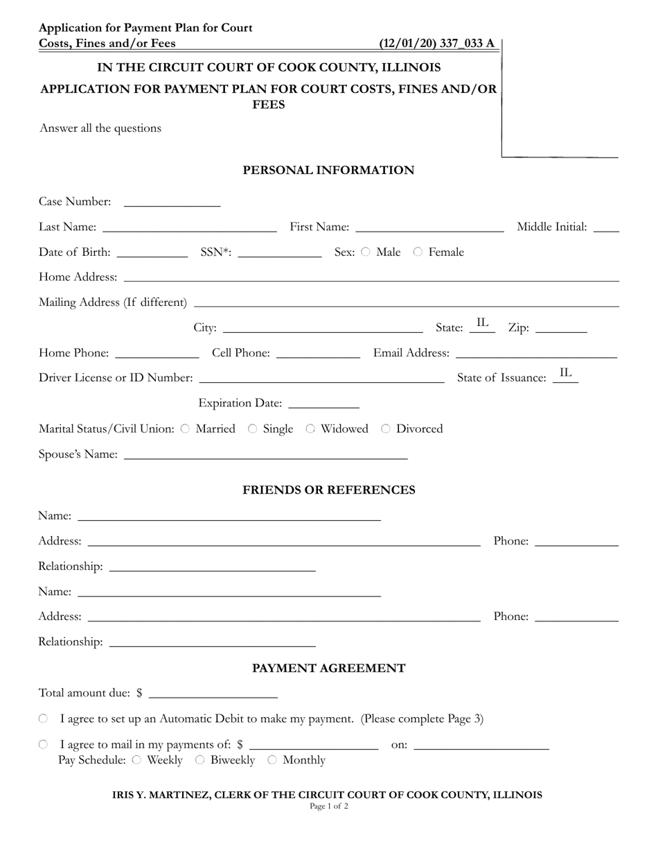 Form 337_033 Application for Payment Plan for Court Costs, Fines and / or Fees - Cook County, Illinois, Page 1