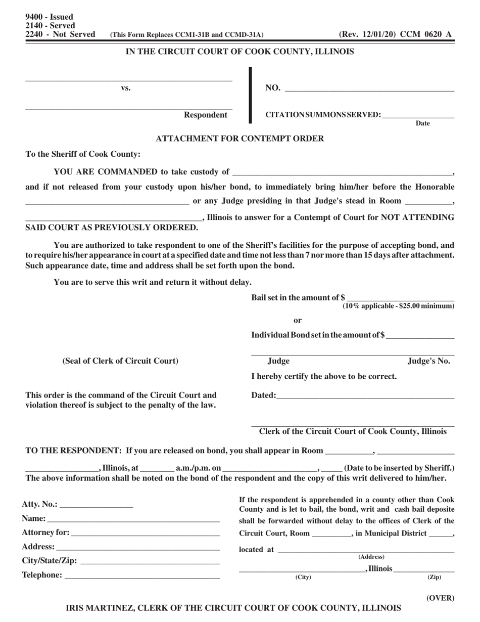 Form CCM0620 Attachment for Contempt Order - Cook County, Illinois, Page 1