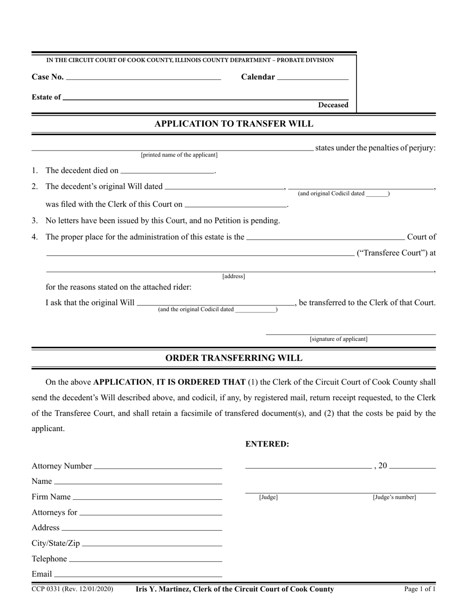 Form CCP0331 Application to Transfer Will - Cook County, Illinois, Page 1