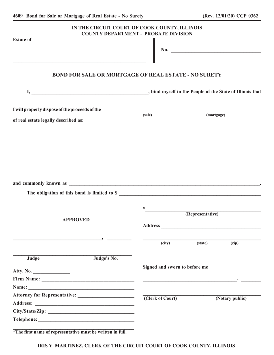 Form CCP0362 Bond for Sale or Mortgage of Real Estate - No Surety - Cook County, Illinois, Page 1