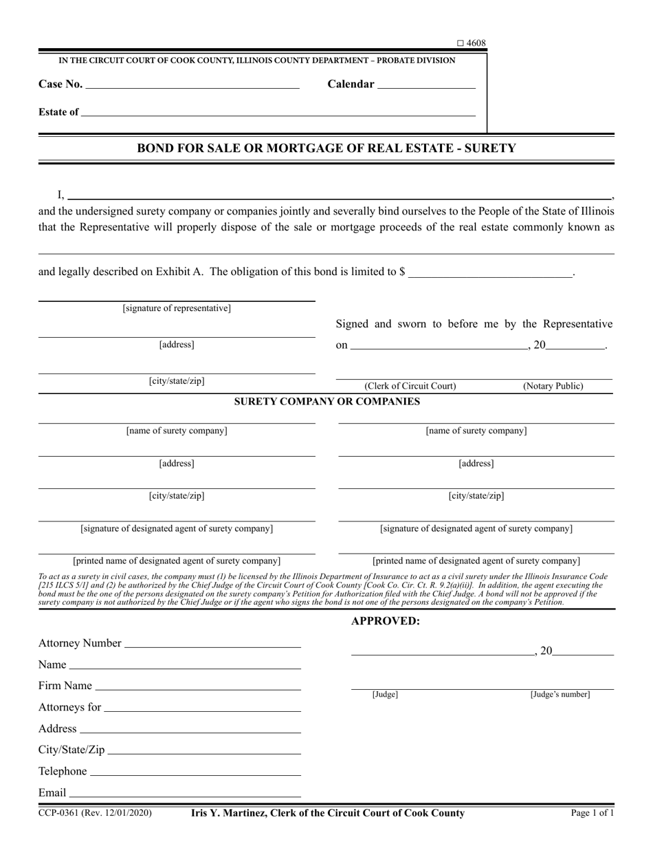 Form CCP0361 Bond for Sale or Mortgage of Real Estate - Surety - Cook County, Illinois, Page 1