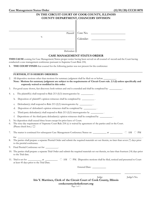 Form CCCH0070 Case Management Status Order - Cook County, Illinois
