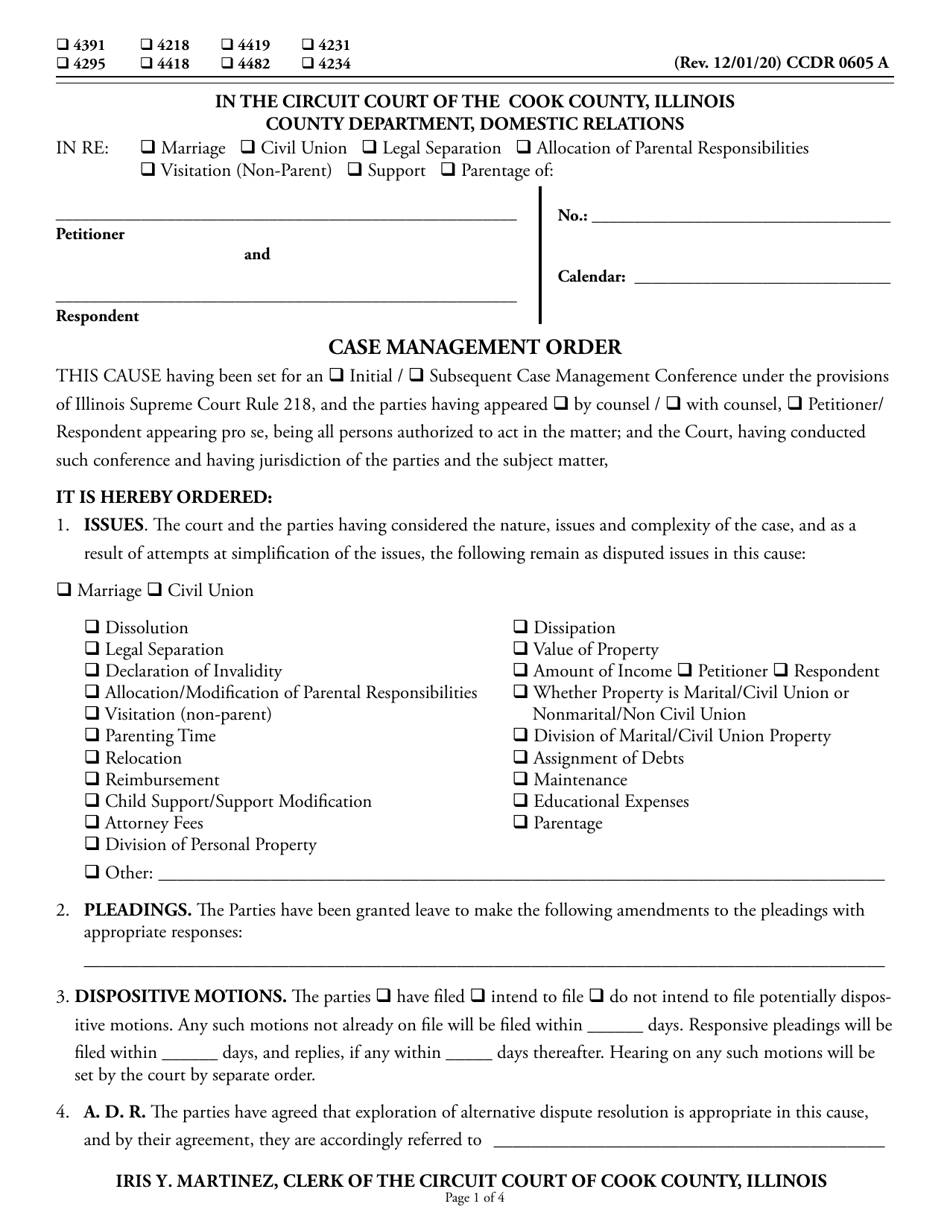 Form CCDR0605 Case Management Order - Cook County, Illinois, Page 1
