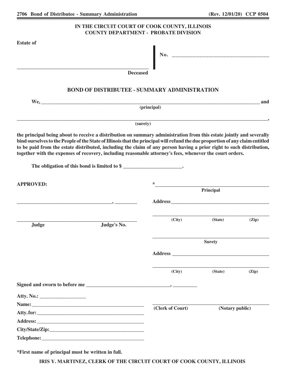 Form CCP0504 Bond of Distributee - Summary Administration - Cook County, Illinois, Page 1