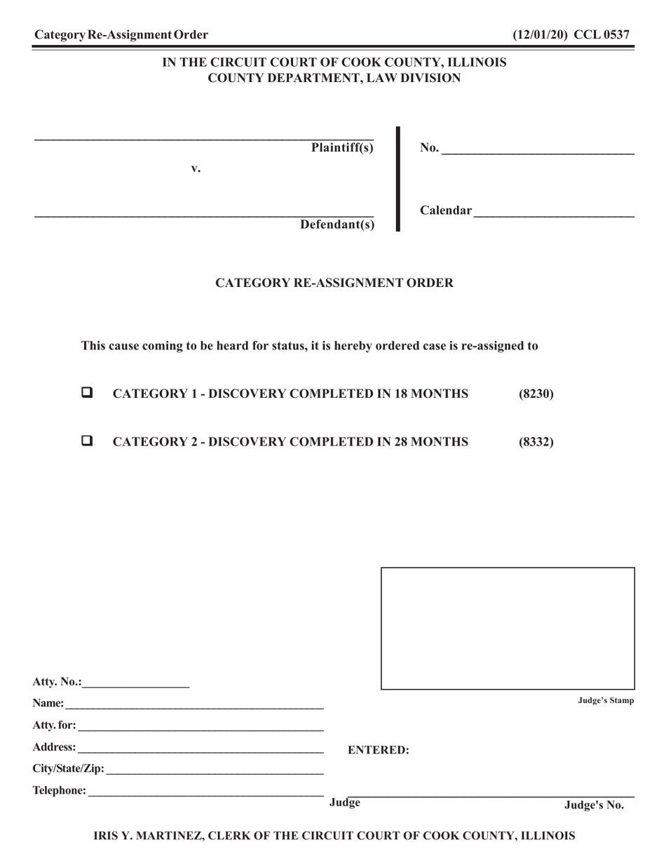 Form CCL0537 Category Re-assignment Order - Cook County, Illinois, Page 1