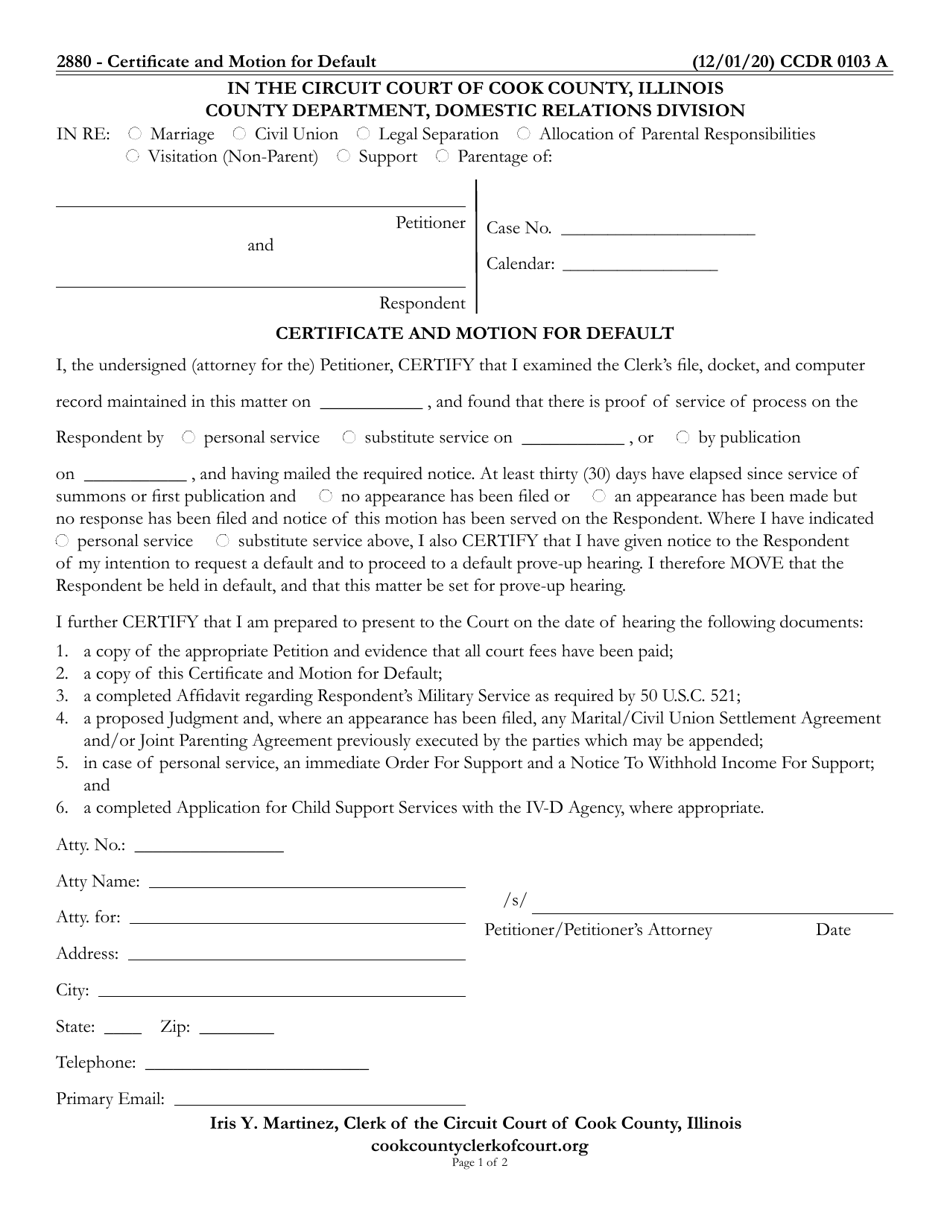 Form CCDR0103 Certificate and Motion for Default - Cook County, Illinois, Page 1