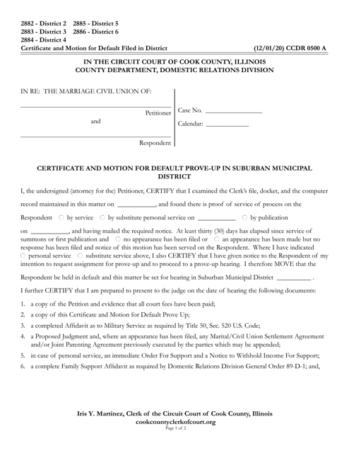 Form CCDR0500 Certificate and Motion for Default Prove-Up in Suburban Municipal District - Cook County, Illinois