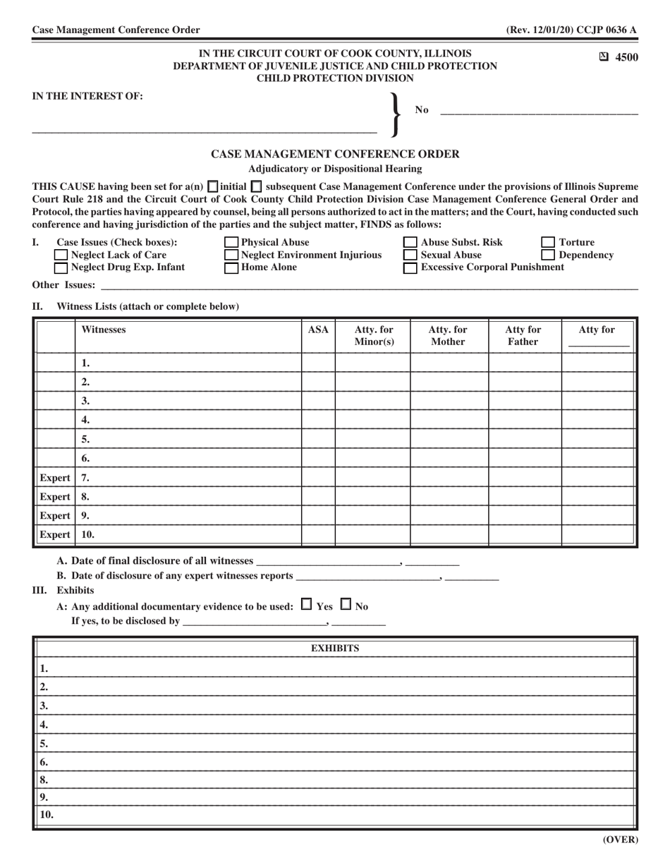 Form CCJP0636 Case Management Conference Order - Adjudicatory or Dispositional Hearing - Cook County, Illinois, Page 1