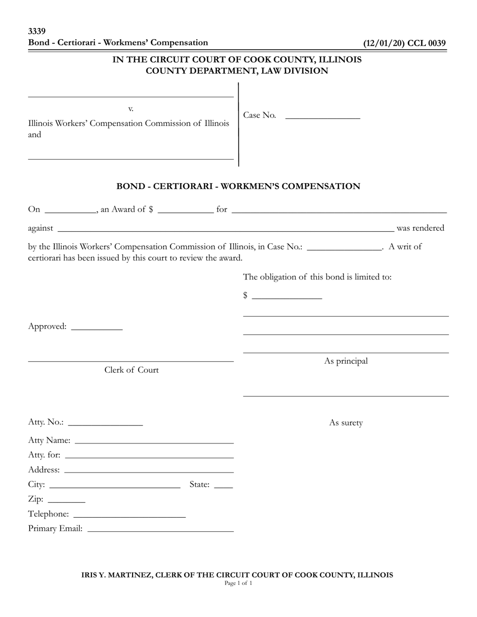Form CCL0039 Bond - Certiorari - Workmens Compensation - Cook County, Illinois, Page 1