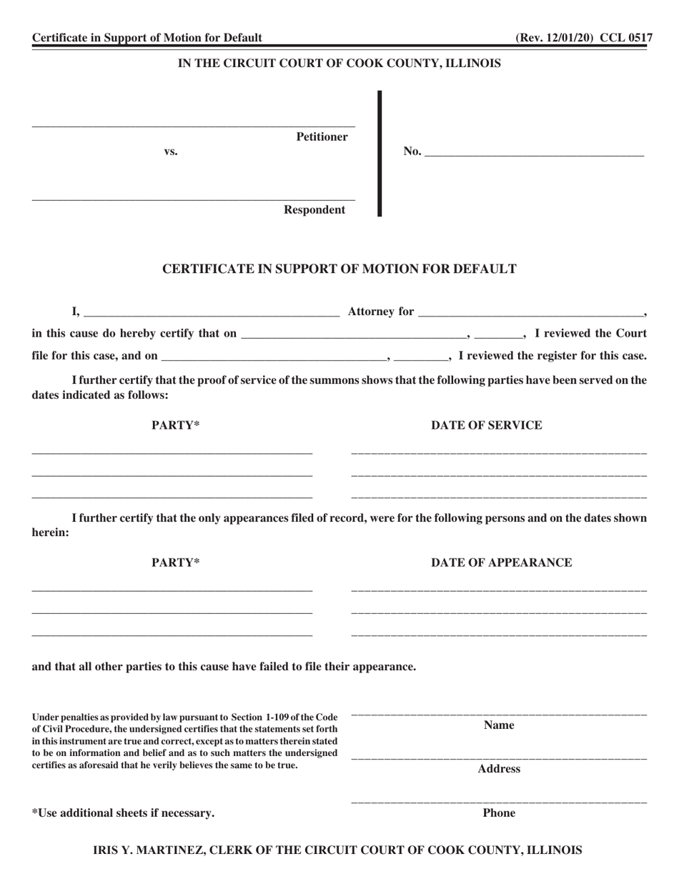 Form CCL0517 Certificate in Support of Motion for Default - Cook County, Illinois, Page 1