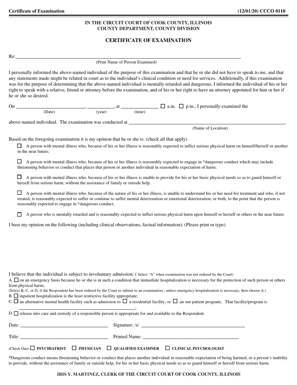 Form CCCO0110 Certificate of Examination - Cook County, Illinois, Page 1