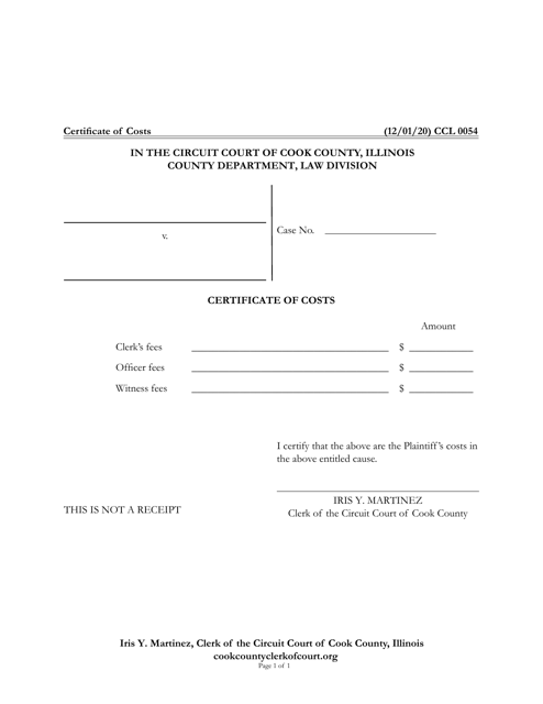 Form CCL0054 Certificate of Costs - Cook County, Illinois