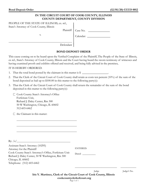 Form CCCO0012 Bond Deposit Order - Cook County, Illinois