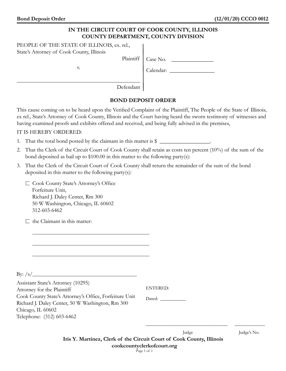 Form CCCO0012 Bond Deposit Order - Cook County, Illinois, Page 1