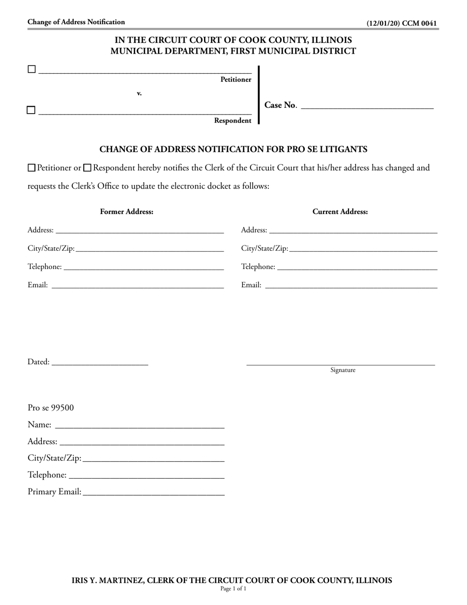 Form CCM0041 Change of Address Notification for Pro Se Litigants - Cook County, Illinois, Page 1