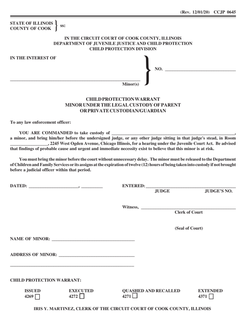 Form CCJP0645 Child Protection Warrant Minor Under the Legal Custody of Parent or Private Custodian/Guardian - Cook County, Illinois