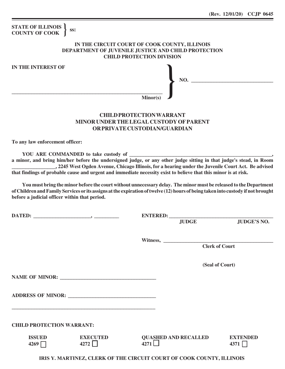 Form CCJP0645 Child Protection Warrant Minor Under the Legal Custody of Parent or Private Custodian / Guardian - Cook County, Illinois, Page 1