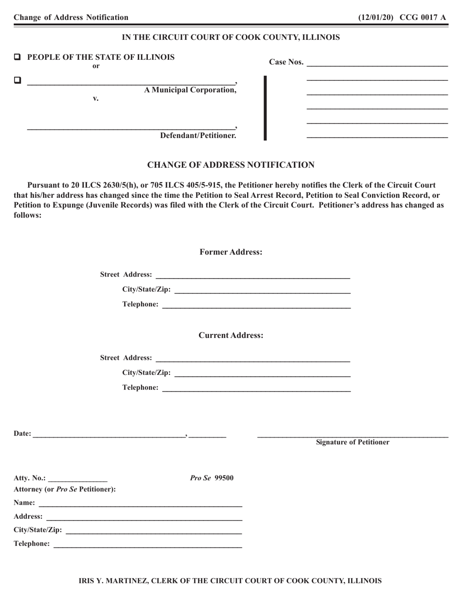 Form CCG0017 Change of Address Notification - Cook County, Illinois, Page 1