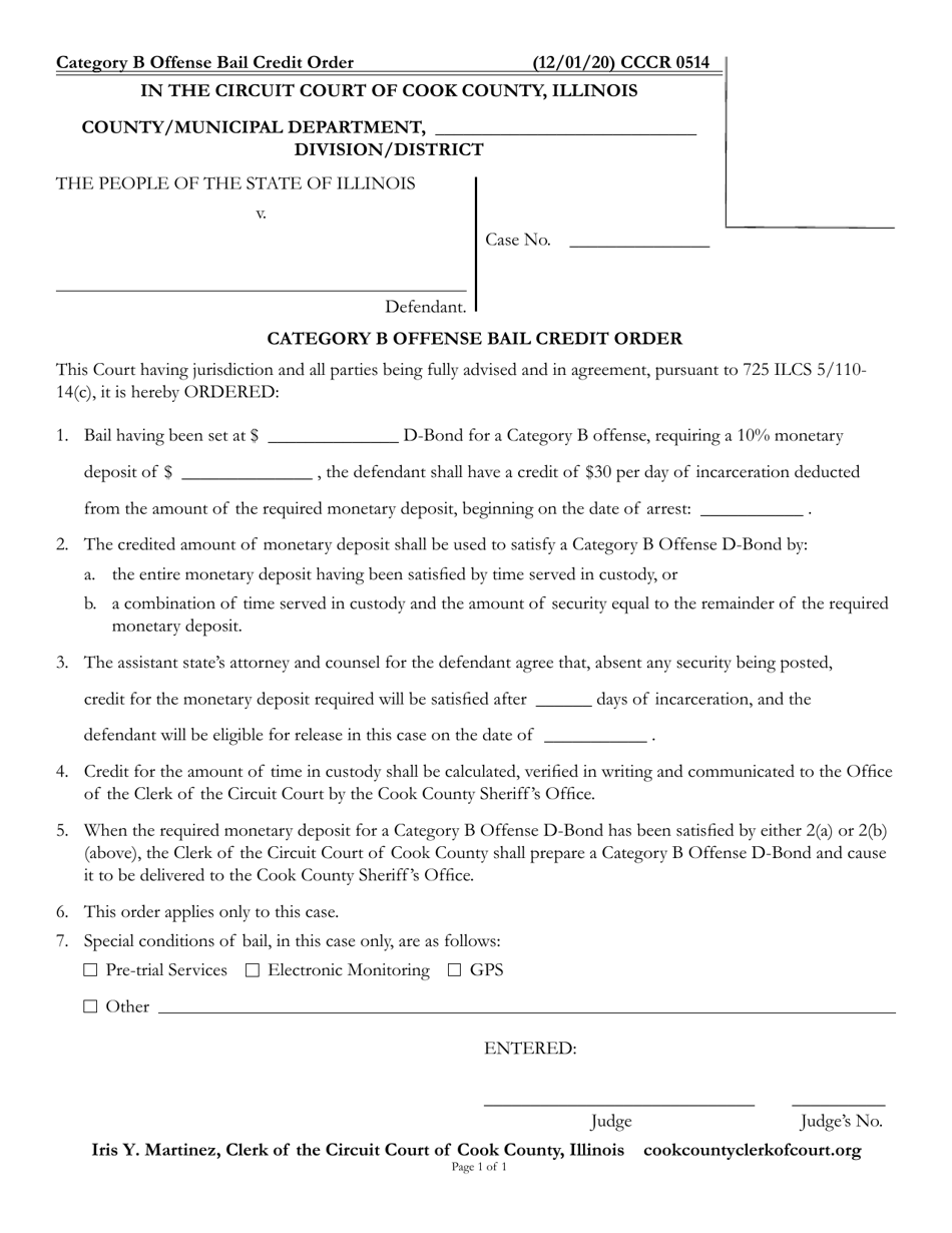 Form CCCR0514 Category B Offense Bail Credit Order - Cook County, Illinois, Page 1