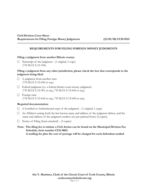 Form CCM0521 Civil Division Cover Sheet - Requirements for Filing Foreign Money Judgments - Cook County, Illinois